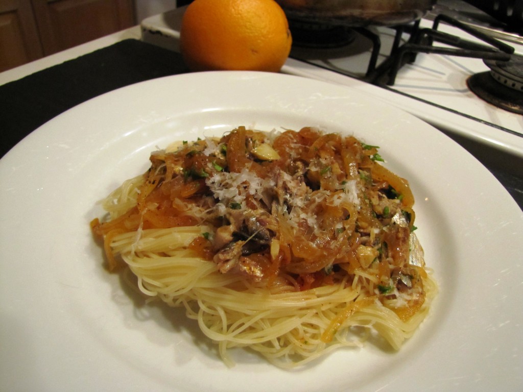 Skinny pasta with sardines, onion, garlic, lemon, red pepper flakes, lil tomato paste, parsley
